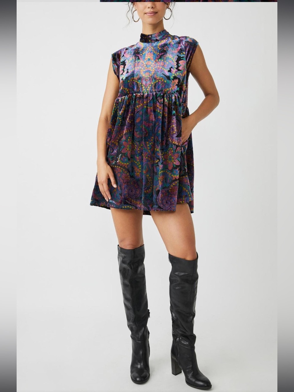 Free People Velvet Paisley Smocked Mini Dress. Size Small. - Picture 2 of 14